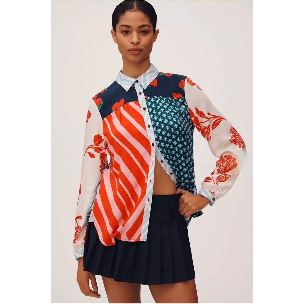 Maeve Colorblock Printed Button-Up Blouse in Red, Navy & White